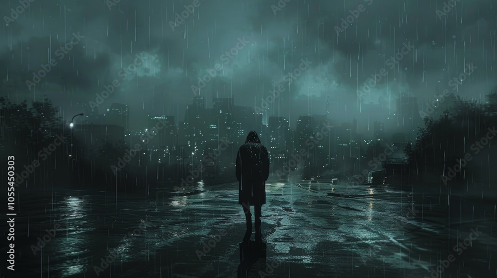 Fototapeta premium Silhouette of Person in Rain Cityscape Night Rainy Weather Dark Mood Street