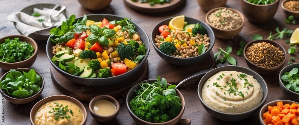 Freshly prepared vegetarian food, featuring a balanced mix of vegetables, proteins, and herbs, ready to be served in a cozy cafe Freshly prepared vegetarian food, featuring a balanced mix of vegetables, proteins, and herbs, ready to be served in a cozy cafe
