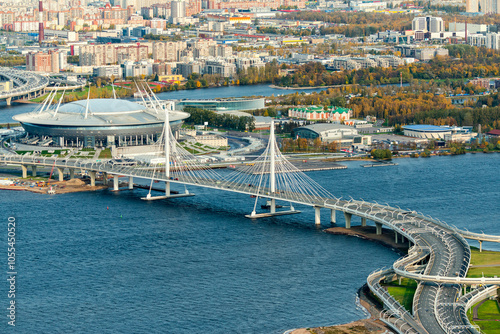 Aerial view of the little neva mouth river with a stunning cityscape featuring a bridge and stadium, Saint Petersburg, Russia.
