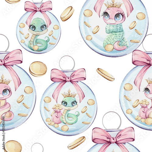 Snakes with coins, for a cheerful and festive home decor this season. Holiday watercolor seamless pattern, Ornaments. Symbol wealth of Chines New Year 2025 in cute cartoon style for souvenirs