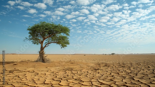 Lonely Tree in Arid Desert Landscape with Blue Sky and Clouds