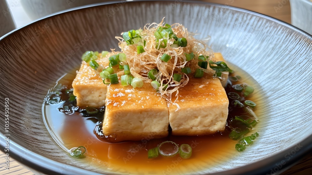 A plate of agedashi tofu, lightly fried tofu served in a warm dashi broth, topped with bonito flakes and green onions.
A plate of agedashi tofu, lightly fried tofu served in a warm dashi broth, topped with bonito flakes and green onions.