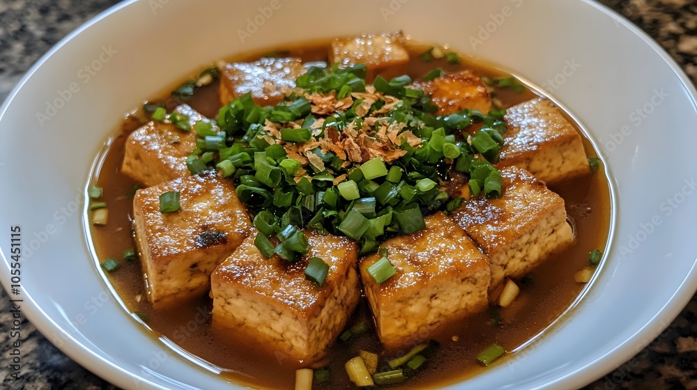 A plate of agedashi tofu, lightly fried tofu served in a warm dashi broth, topped with bonito flakes and green onions.
A plate of agedashi tofu, lightly fried tofu served in a warm dashi broth, topped with bonito flakes and green onions.