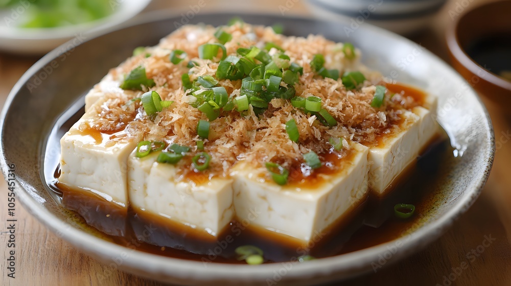 A plate of agedashi tofu, lightly fried tofu served in a warm dashi broth, topped with bonito flakes and green onions.
A plate of agedashi tofu, lightly fried tofu served in a warm dashi broth, topped with bonito flakes and green onions.