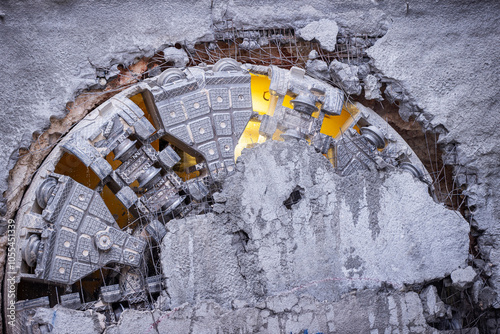Billede på lærred Tunnel boring machine(TBM) head on display at subway construction site ,undergro