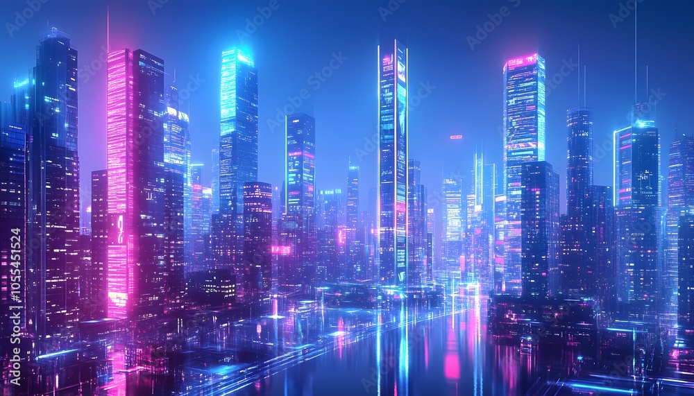 Neon-lit skyscrapers reflecting in a futuristic city at night Neon-lit skyscrapers reflecting in a futuristic city at night