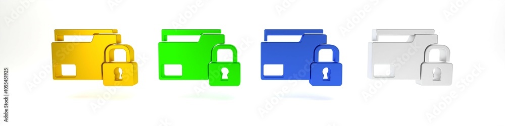 Colorful Folder and lock icon isolated on white background. Closed folder and padlock. Security, safety, protection concept. Minimalism concept. 3D render illustration Colorful Folder and lock icon isolated on white background. Closed folder and padlock. Security, safety, protection concept. Minimalism concept. 3D render illustration