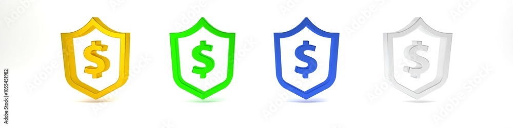 Colorful Shield with dollar symbol icon isolated on white background. Security shield protection. Money security concept. Minimalism concept. 3D render illustration Colorful Shield with dollar symbol icon isolated on white background. Security shield protection. Money security concept. Minimalism concept. 3D render illustration