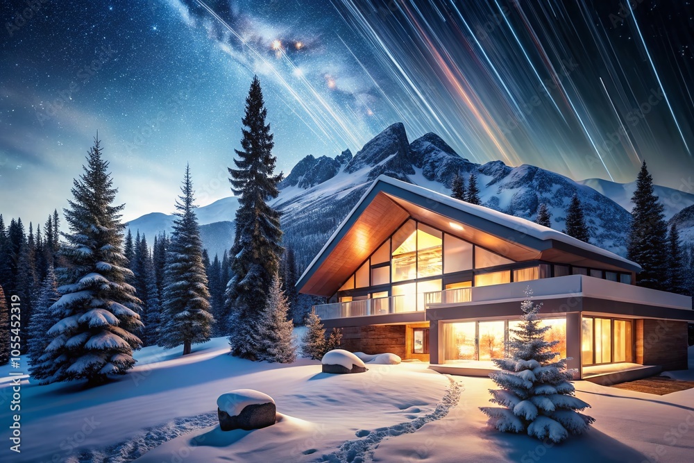 Futuristic Residence in Snowy Mountains with Long Exposure Effects - Modern Architecture and Nature Scene Futuristic Residence in Snowy Mountains with Long Exposure Effects - Modern Architecture and Nature Scene