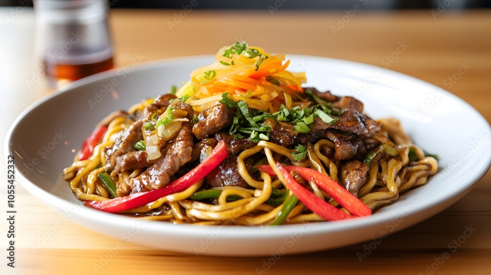 A plate of yaki soba, stir-fried noodles with vegetables, meat, and a savory sauce, garnished with pickled ginger.
A plate of yaki soba, stir-fried noodles with vegetables, meat, and a savory sauce, garnished with pickled ginger.