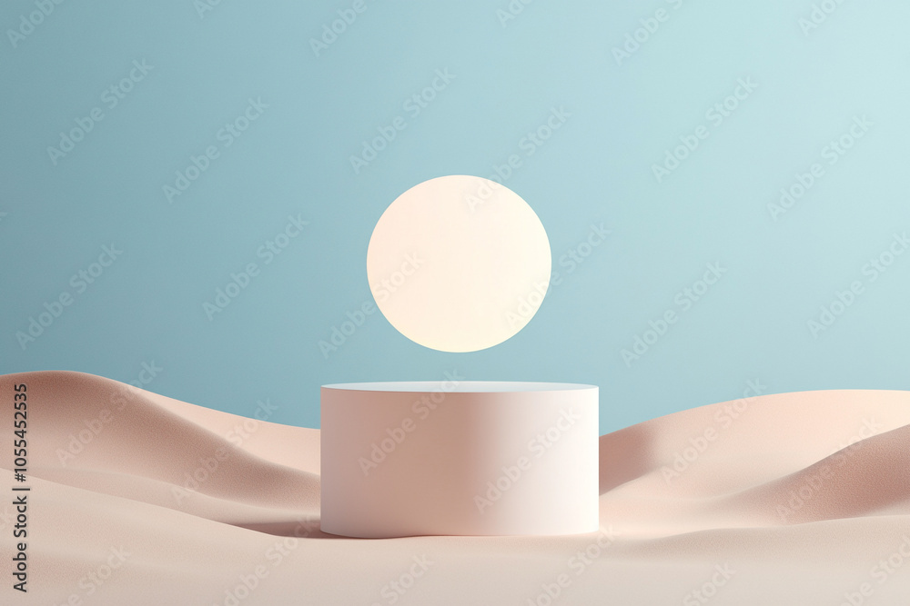 Abstract composition featuring a floating circle over a white pedestal on soft curves. Abstract composition featuring a floating circle over a white pedestal on soft curves.