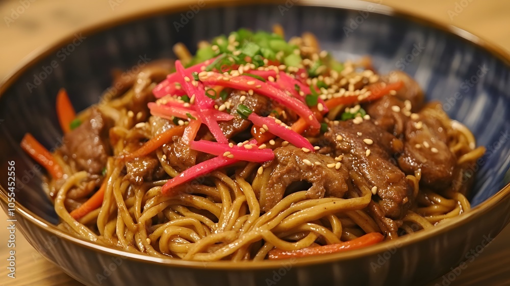 A plate of yaki soba, stir-fried noodles with vegetables, meat, and a savory sauce, garnished with pickled ginger.

