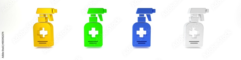 Obraz premium Colorful Bottle of liquid antibacterial soap with dispenser icon isolated on white background. Antiseptic. Disinfection, hygiene, skin care. Minimalism concept. 3D render illustration
