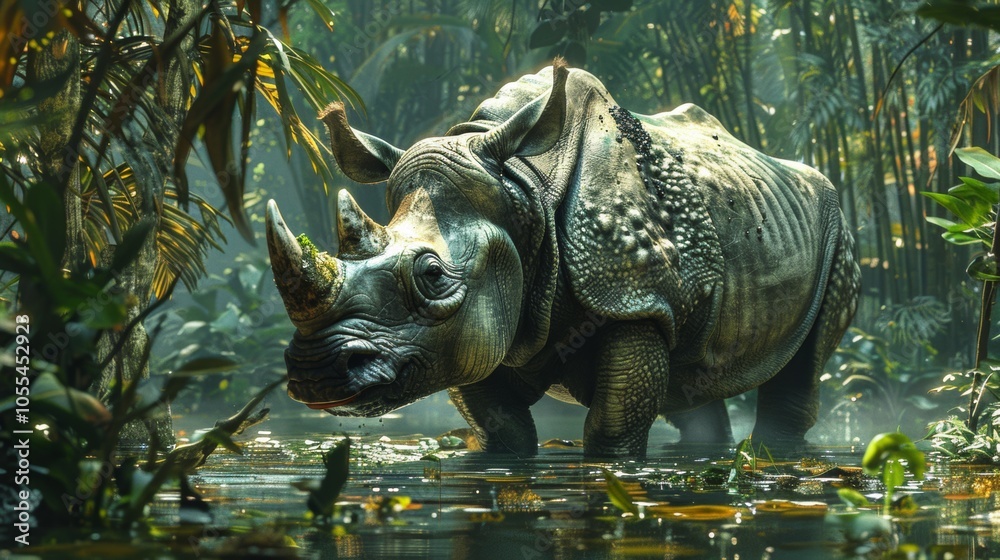 Fototapeta premium Indian Rhinoceros in Lush Jungle Wildlife Photography Endangered Species Nature