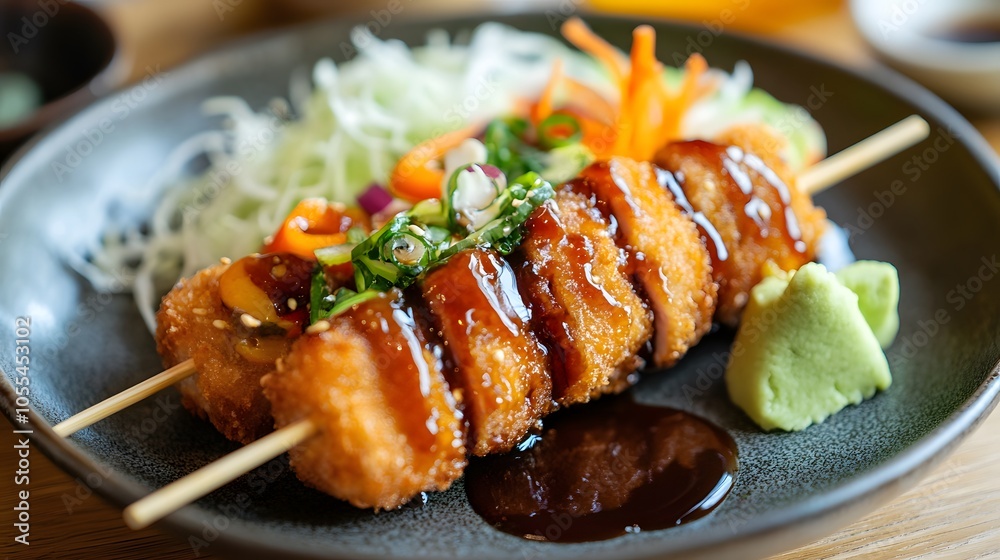 A serving of kushi katsu, skewered and deep-fried pork and vegetables, served with tonkatsu sauce.
A serving of kushi katsu, skewered and deep-fried pork and vegetables, served with tonkatsu sauce.