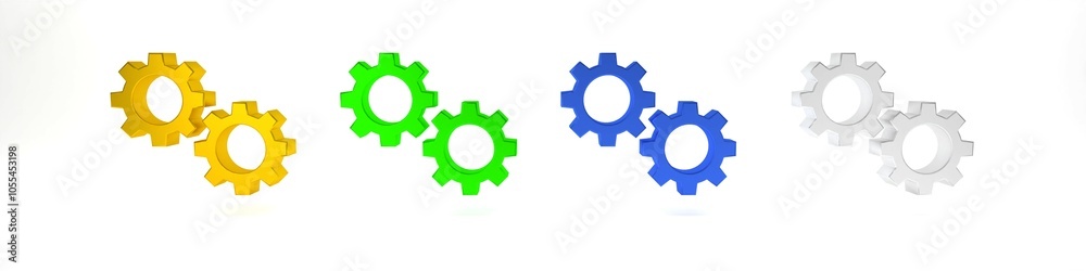 Colorful Gear icon isolated on white background. Cogwheel gear settings sign. Cog symbol. Minimalism concept. 3D render illustration Colorful Gear icon isolated on white background. Cogwheel gear settings sign. Cog symbol. Minimalism concept. 3D render illustration