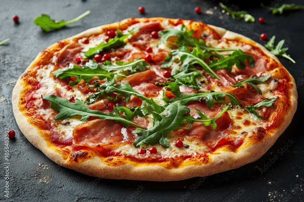 A gourmet pizza topped with fresh arugula and prosciutto showcases high-end culinary art, elegantly garnished for a delicious and indulgent dining experience A gourmet pizza topped with fresh arugula and prosciutto showcases high-end culinary art, elegantly garnished for a delicious and indulgent dining experience