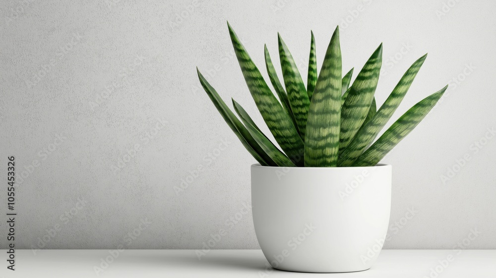 Green snake plant with long pointed leaves in a white ceramic pot against a minimalist gray background indoors Green snake plant with long pointed leaves in a white ceramic pot against a minimalist gray background indoors