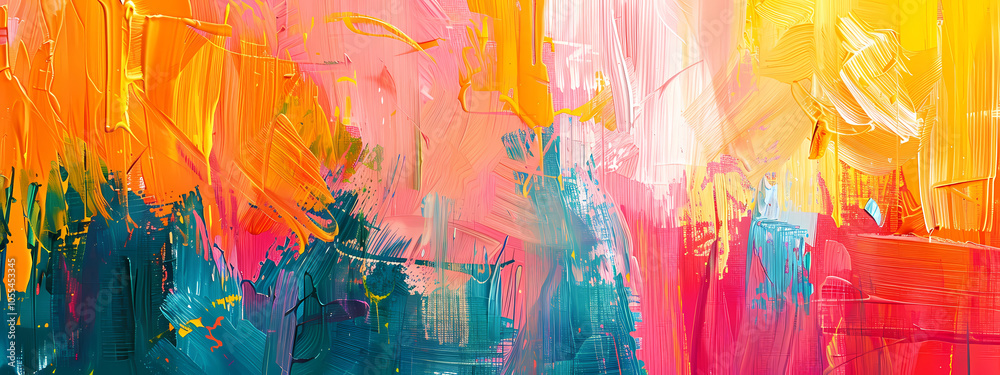 Fototapeta premium A vibrant abstract painting featuring bold strokes in orange, pink, and teal, creating a dynamic and lively atmosphere.