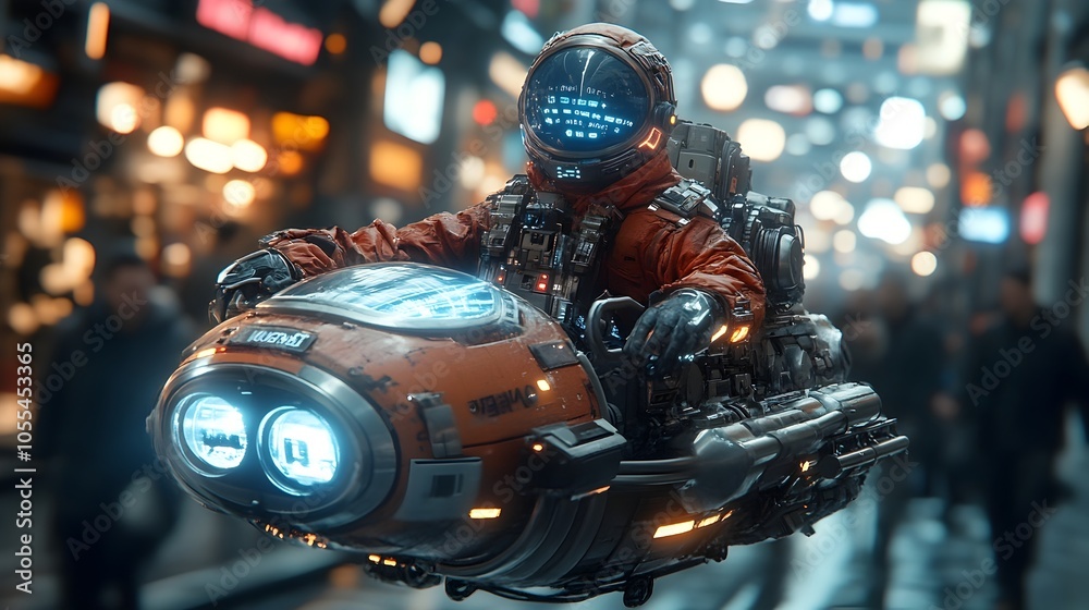 A cyberpunk-inspired depicting a futuristic cyborg riding a hover motorcycle through a neon-lit,high-tech cityscape at night. The scene evokes a sense of adventure,technology,and a dystopian. A cyberpunk-inspired depicting a futuristic cyborg riding a hover motorcycle through a neon-lit,high-tech cityscape at night. The scene evokes a sense of adventure,technology,and a dystopian.