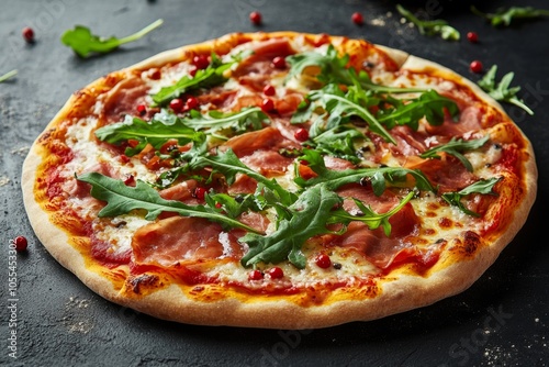 A gourmet pizza topped with fresh arugula and prosciutto showcases high-end culinary art, elegantly garnished for a delicious and indulgent dining experience