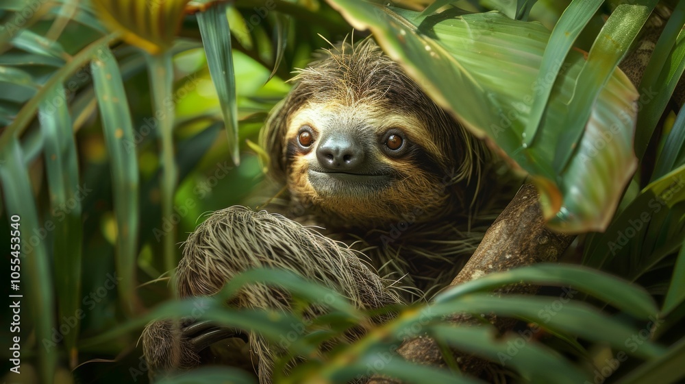 Fototapeta premium Cute Sloth Peeking Through Tropical Foliage Wildlife Rainforest Animal Portrait