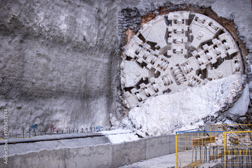 Tunnel boring machine(TBM) head on display at subway construction site ,underground infrastructure transportation