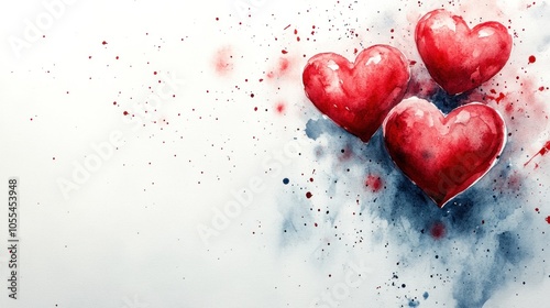 Watercolor Painting of Three Red Hearts with Splashes on White Background