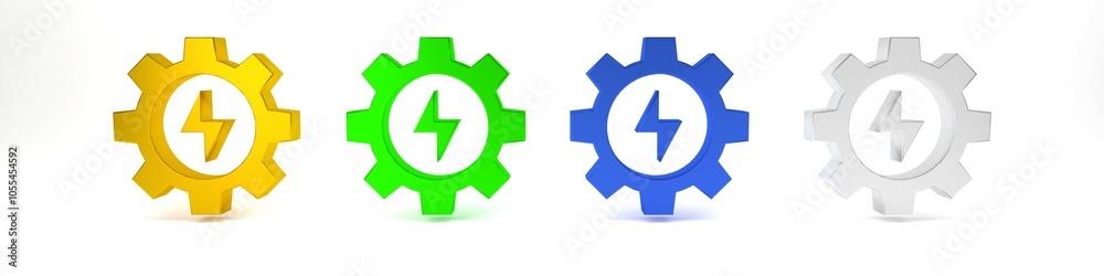 Colorful Gear and lightning icon isolated on white background. Electric power. Lightning bolt sign. Minimalism concept. 3D render illustration Colorful Gear and lightning icon isolated on white background. Electric power. Lightning bolt sign. Minimalism concept. 3D render illustration