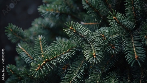 Christmas background with close-up of green fir branches, dark tones, and space for seasonal quotes.