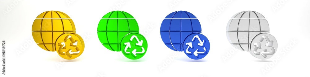 Colorful Planet earth and a recycling icon isolated on white background. Environmental concept. Minimalism concept. 3D render illustration Colorful Planet earth and a recycling icon isolated on white background. Environmental concept. Minimalism concept. 3D render illustration