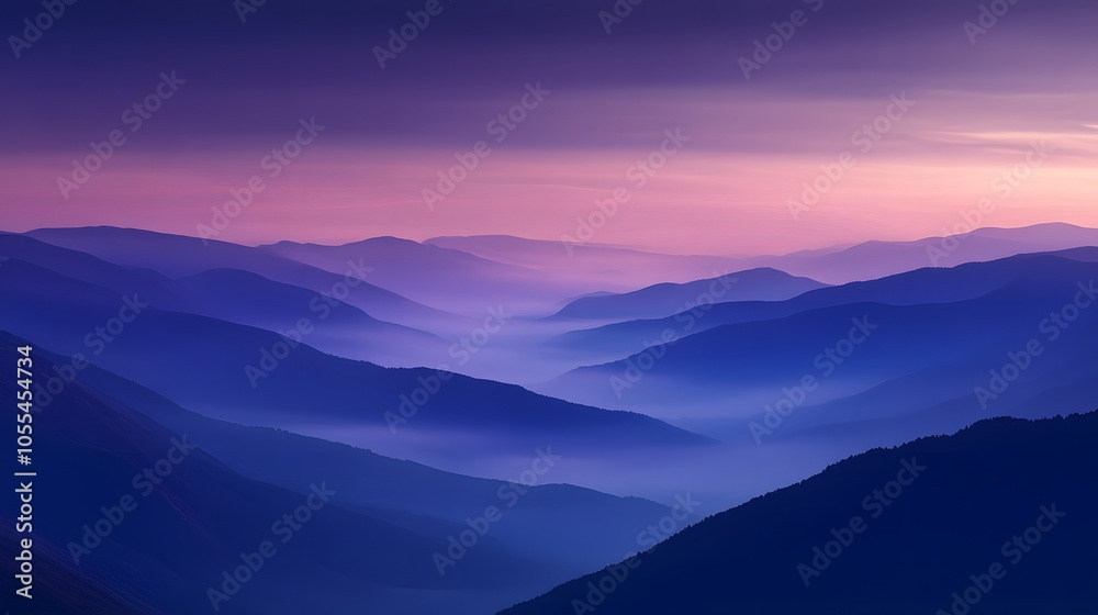 A misty mountain range at dusk with deep blue and purple hues in the sky A misty mountain range at dusk with deep blue and purple hues in the sky
