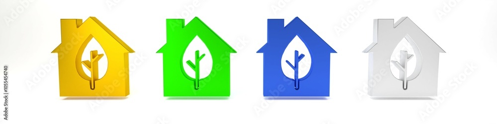 Colorful Eco friendly house icon isolated on white background. Eco house with leaf. Minimalism concept. 3D render illustration Colorful Eco friendly house icon isolated on white background. Eco house with leaf. Minimalism concept. 3D render illustration