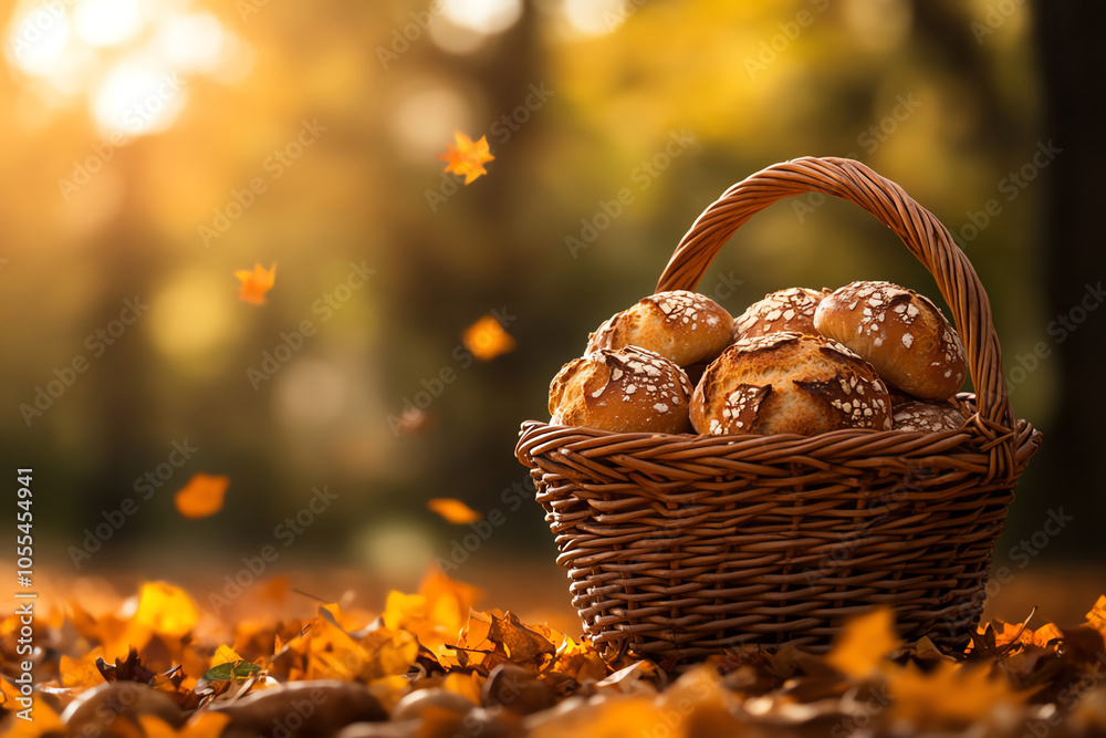Rustic basket of sourdough in outdoor autumn setting, golden leaves around, Autumn picnic sourdough, seasonal vibe Rustic basket of sourdough in outdoor autumn setting, golden leaves around, Autumn picnic sourdough, seasonal vibe