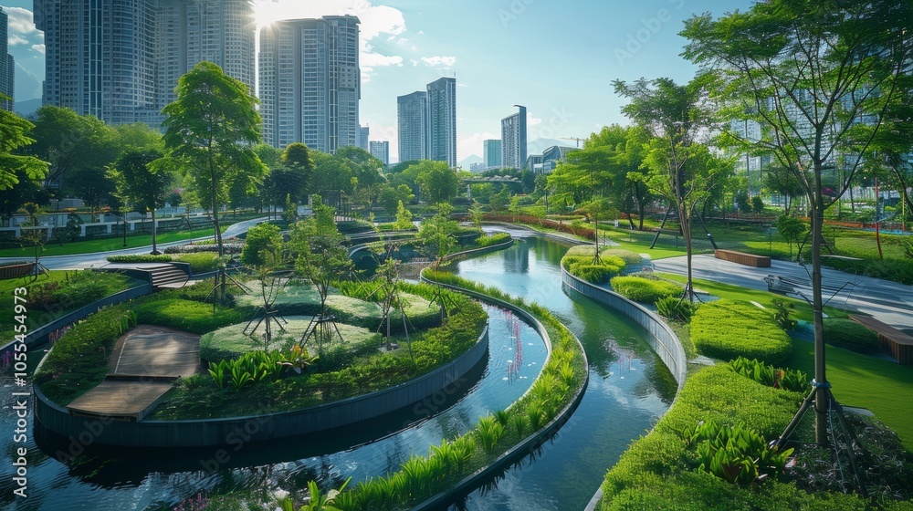 Modern Urban Park with Winding Water Features and Lush Greenery Modern Urban Park with Winding Water Features and Lush Greenery