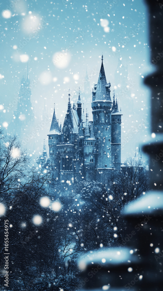 Falling snowflakes fill the air as a distant Gothic castle, snow-covered and blurred, creates a serene winter atmosphere Falling snowflakes fill the air as a distant Gothic castle, snow-covered and blurred, creates a serene winter atmosphere