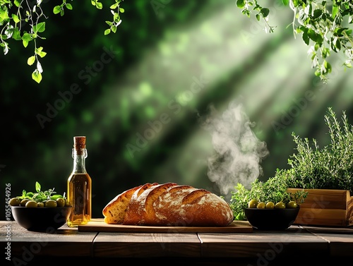 Rustic setup of sourdough loaf with bowls of herbinfused oil, olives, Mediterranean sourdough setting, culinary ambiance photo