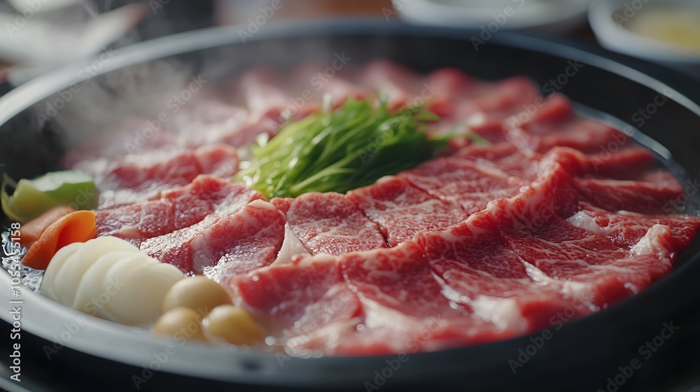 A serving of shabu-shabu, thinly sliced beef cooked quickly in hot broth, served with dipping sauces and vegetables.
A serving of shabu-shabu, thinly sliced beef cooked quickly in hot broth, served with dipping sauces and vegetables.