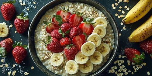 A bright and inviting bowl of oatmeal topped with bananas and strawberries, perfect for promoting World Vegan Month, healthy breakfasts, and mindful eating.