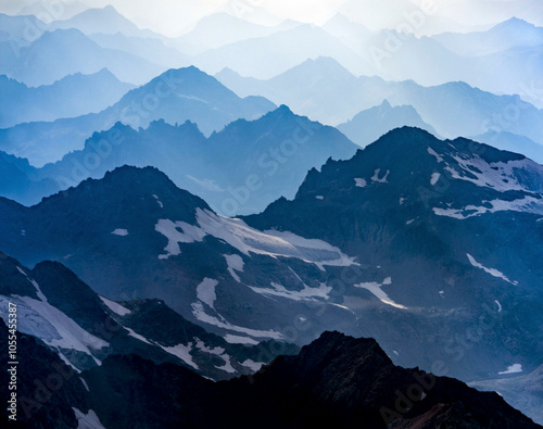 Aerial view of snowcapped Elbrus mount in a majestic landscape, Kabardino Balkaria, Russia.