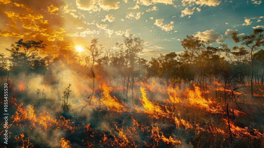 Forest Fire Burning With Smoke and Trees at Sunset Forest Fire Burning With Smoke and Trees at Sunset