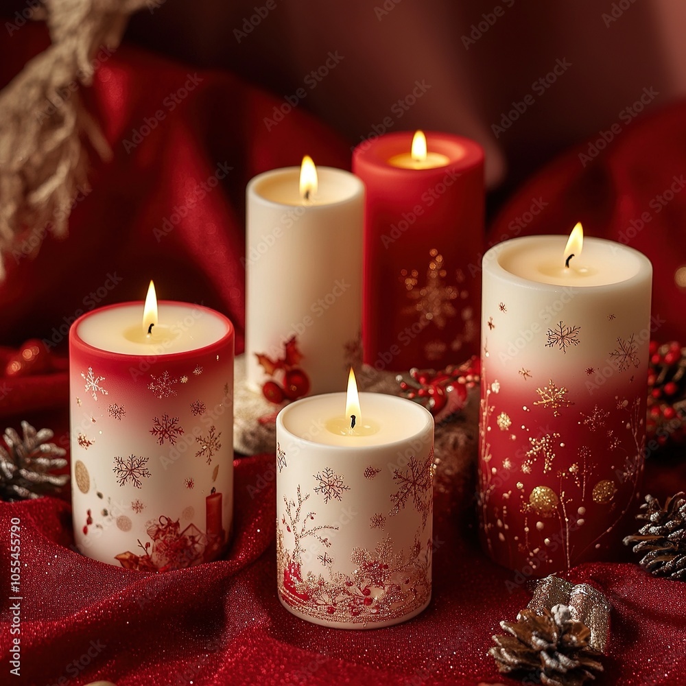 Red and white Christmas candles with festive holiday designs.