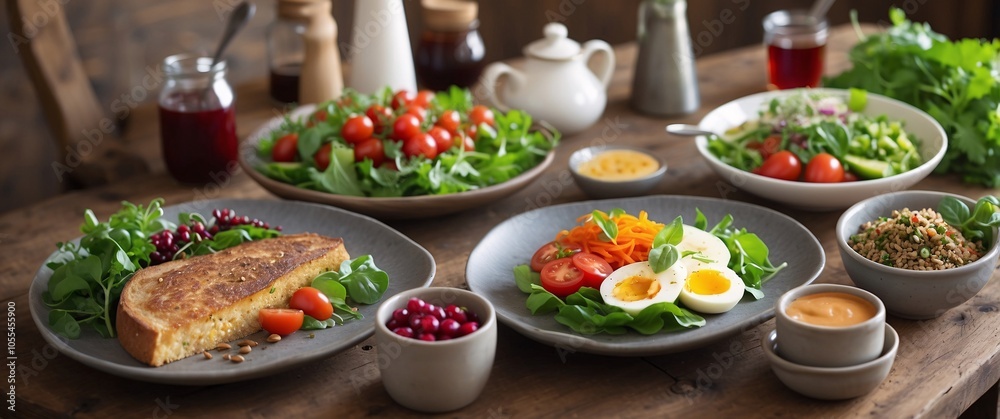 Rustic cafe scene showing a balanced vegetarian meal with vibrant, fresh ingredients, ideal for healthy eating and dieting Rustic cafe scene showing a balanced vegetarian meal with vibrant, fresh ingredients, ideal for healthy eating and dieting