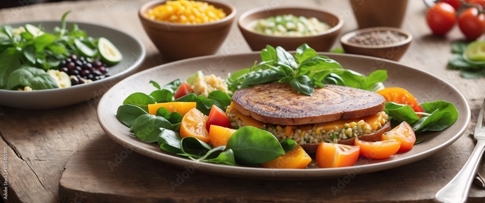 Rustic cafe scene showing a balanced vegetarian meal with vibrant, fresh ingredients, ideal for healthy eating and dieting Rustic cafe scene showing a balanced vegetarian meal with vibrant, fresh ingredients, ideal for healthy eating and dieting