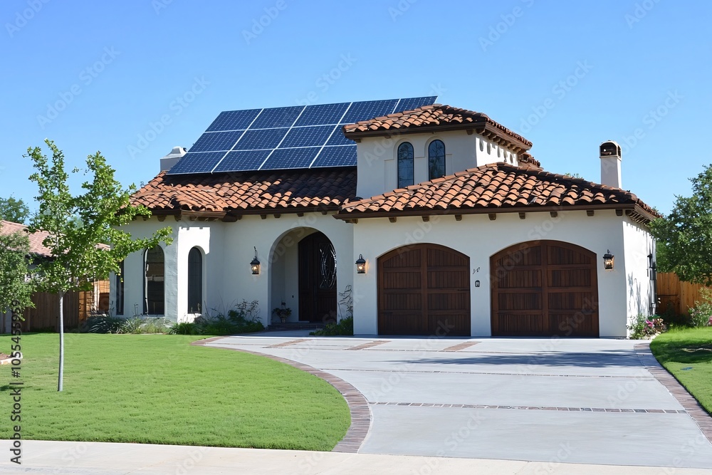 Naklejka premium A modern residential home with solar panels in a sunny neighborhood showcasing sustainable energy solutions
