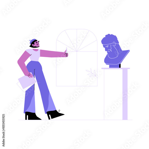 Female Art Critic Admiring Sculpture In Flat Vector Illustration Symbolizing Art Appreciation, Critique, And Museum Visit, Isolated On White Background