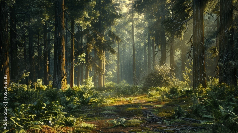 Sunbeams Through Tall Trees in Lush Green Forest Sunbeams Through Tall Trees in Lush Green Forest