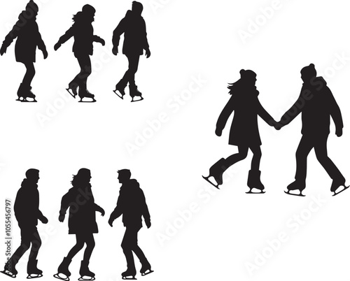 Silhouette of a friends ice skating, vector silhouette