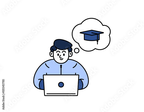 illustration of a man working on an assignment or thesis in order to graduate from college. making a thesis on a laptop to graduate quickly. student. outline style character design. element