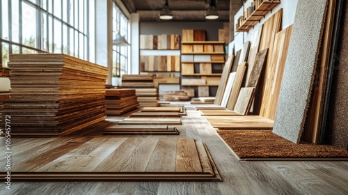 Wooden flooring displays inside a modern showroom with large windows in bright daylight